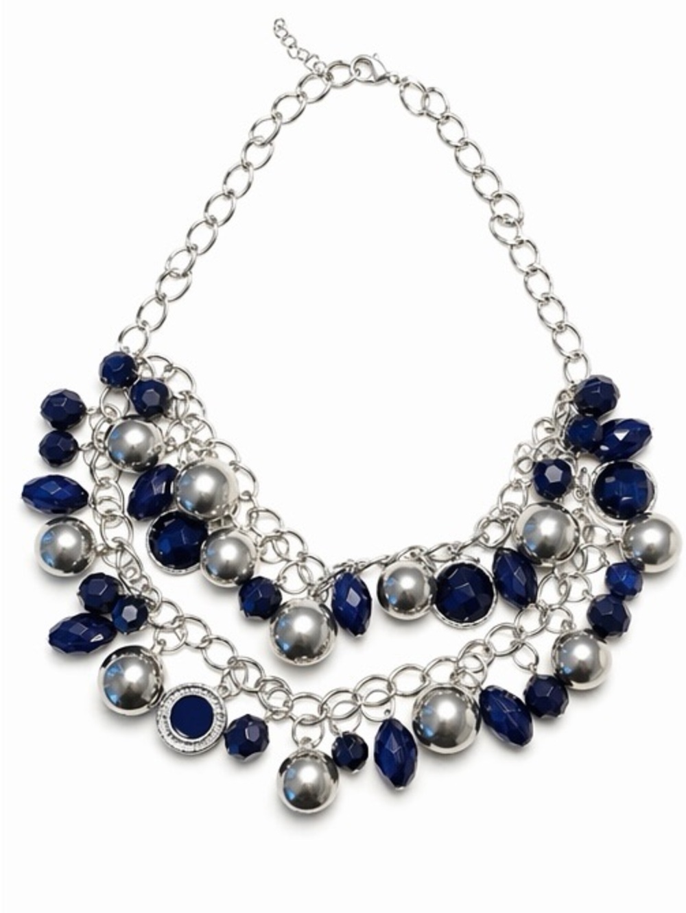 Blue & Silver Bead Statement Necklace | Layer Boho Disc 18” w/3” extender